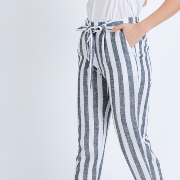 NEW Black + White Striped Linen Pants - Picture 2 of 3